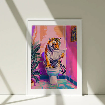 Funny Jungle Animal Tiger in a Bathroom Canvas Print, a modern Nordic art piece featuring a cheeky tiger in a bathroom setting