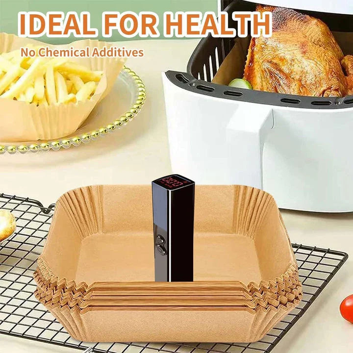 50 disposable air fryer liners made from non-toxic wood paper for easy clean-up and non-stick cooking