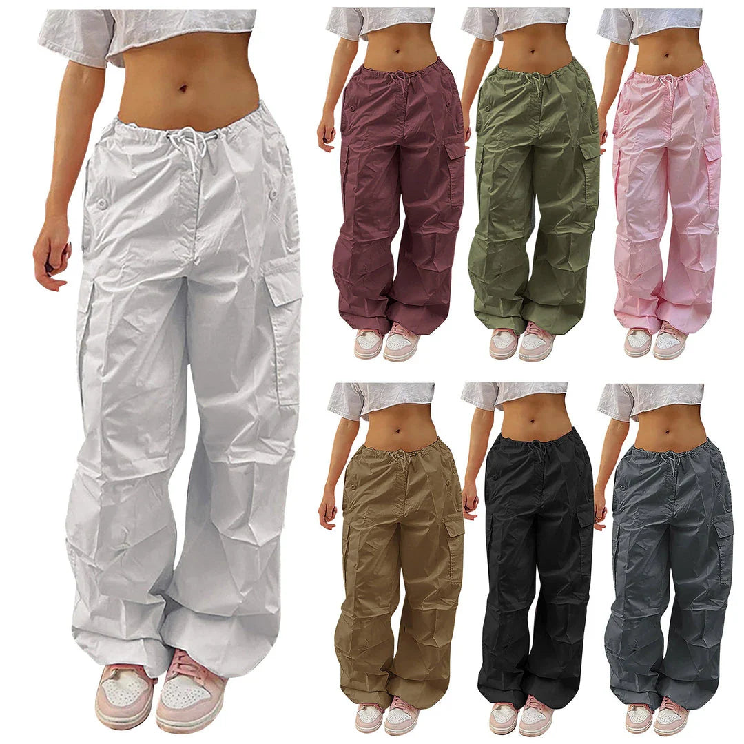 Premium cargo trousers for stylish British women, featuring drawstring waist, pockets, and sleek polyester design