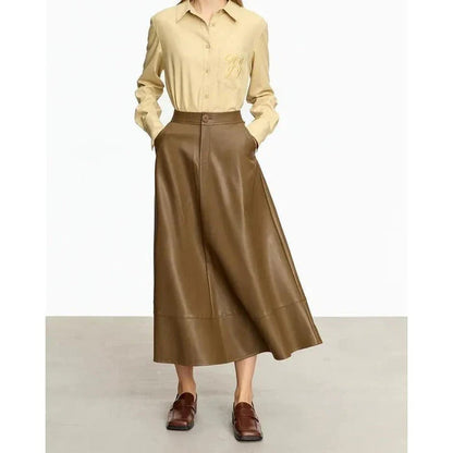 Elegant autumn ankle-length a-line leather midi skirt for women in black colour