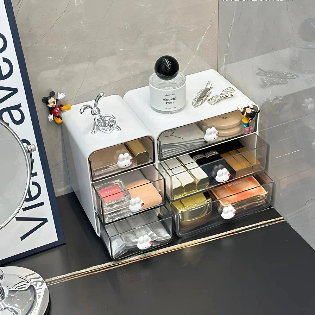 Clear acrylic desk organiser with three pull-out drawers, designed to declutter and organise your workspace