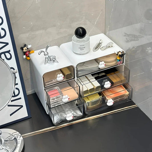 Clear acrylic desk organiser with three pull-out drawers, designed to declutter and organise your workspace