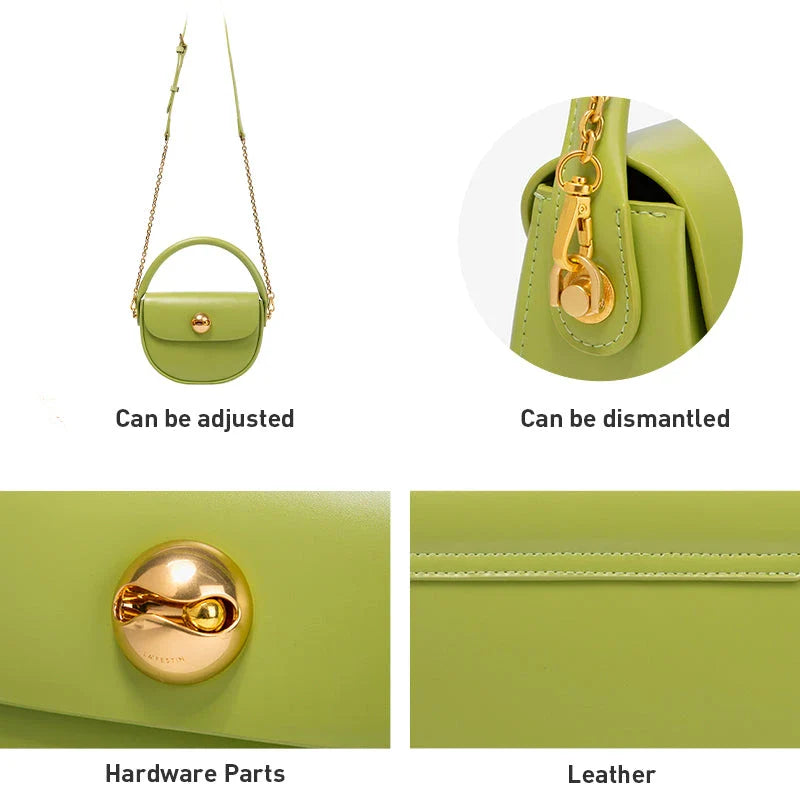 Exquisite red leather round handbag with ball-inlaid hardware, a chic and versatile accessory for UK fashion enthusiasts