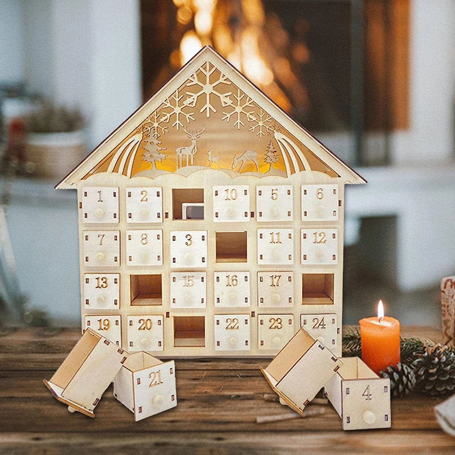 Decorative handcrafted wooden Christmas ornament with natural wood finish, hanging on a Christmas tree