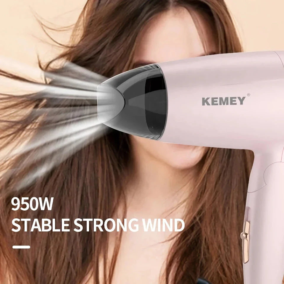 Compact foldable hair dryer with powerful 950W motor, adjustable settings, and lightweight, portable design for travel and student use