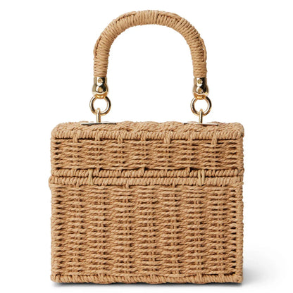 Handcrafted natural straw beach bag with bohemian-inspired design and detachable metal chain strap