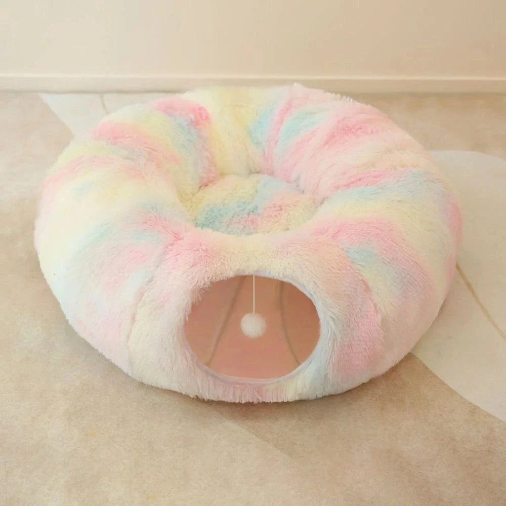 Cosy grey cat tunnel bed with plush cushion, providing a multifunctional and foldable retreat for indoor cats