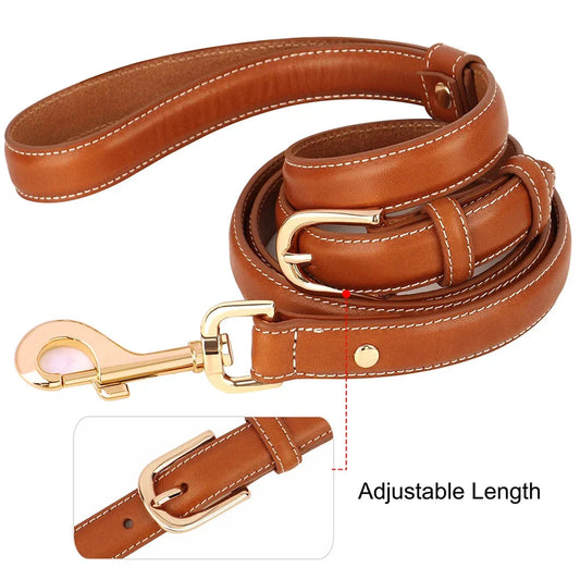 Premium genuine leather dog leash with adjustable length and padded handle, suitable for all breeds