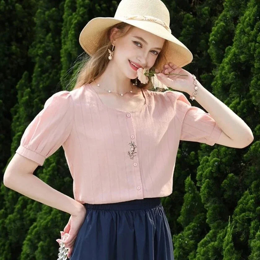 Elegant Embroidered Cotton Blouse in Autumn Colours, Featuring a Refined Square Neckline and Delicate Floral Embroidery