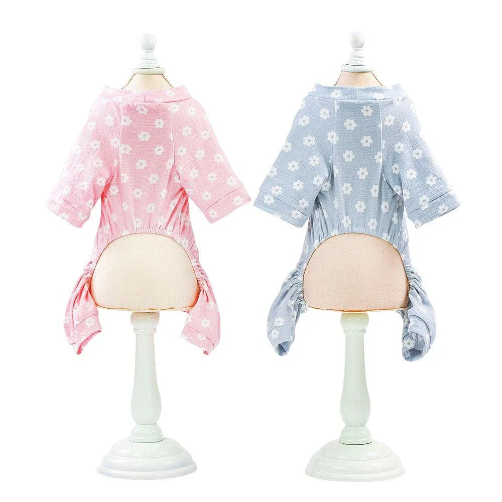 Floral dog jumpsuit in blue and pink colours, made from 100% soft cotton for comfort and style.