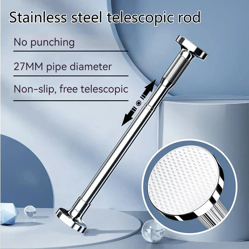 Adjustable stainless steel shower curtain rod with a clothes drying pole feature, perfect for bathroom and laundry rooms