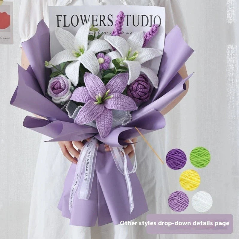 Handcrafted bridal bouquet in a delicate pink hue, featuring intricate crochet and hand-woven design