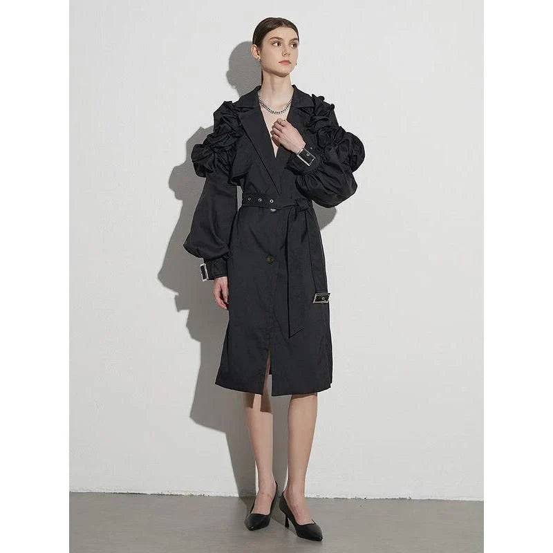 Elegant spliced ruffle trench coat for women in khaki colour, featuring premium cotton-polyester blend, stylish ruffles, and flattering wide-waisted fit