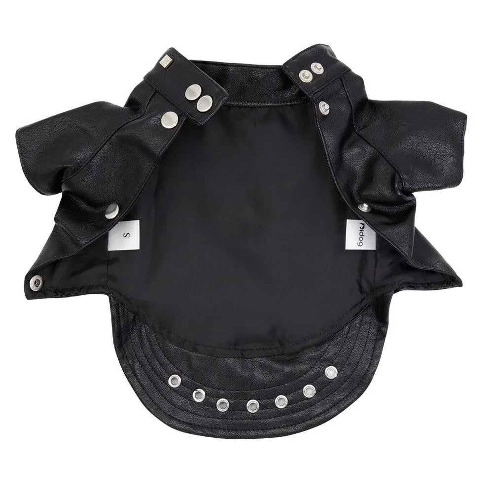 A black leather jacket designed for cats, featuring a sleek and stylish look to elevate your feline's fashion sense.