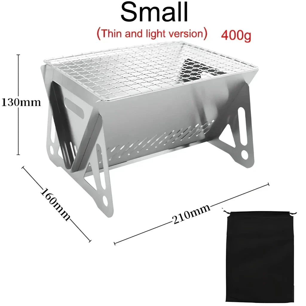 Compact stainless steel portable folding BBQ grill for outdoor cooking and camping