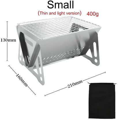 Compact stainless steel portable folding BBQ grill for outdoor cooking and camping