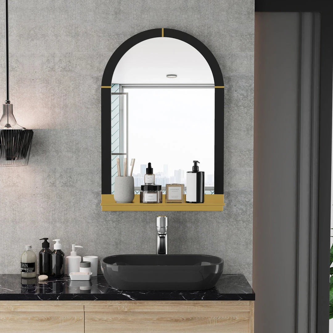 Elegant arched black and gold wall mirror with decorative shelf for home decor