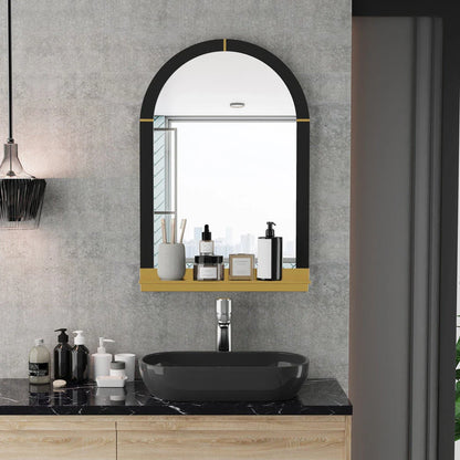 Elegant arched black and gold wall mirror with decorative shelf for home decor