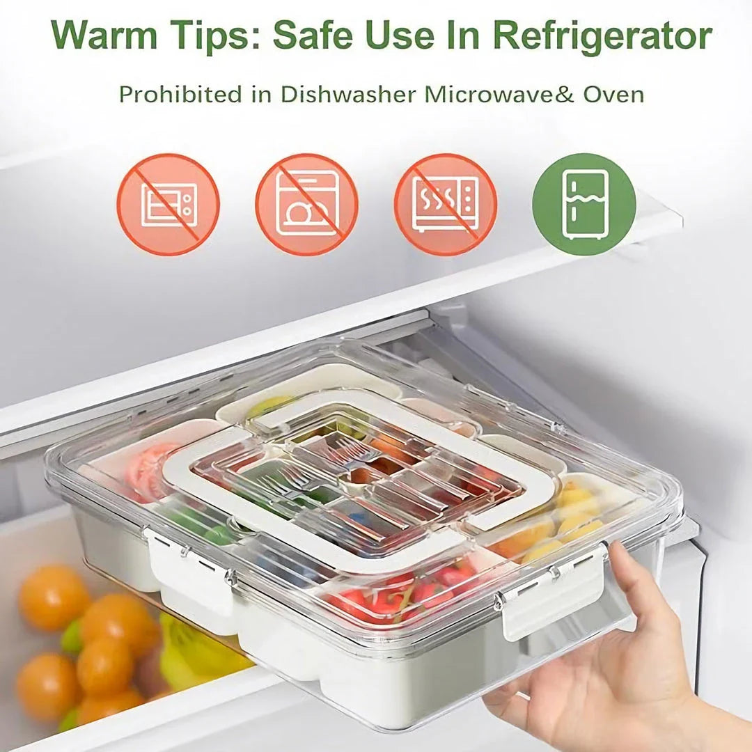 Premium divided snack tray with clear lid, removable compartments, and handle for easy transport and organisation