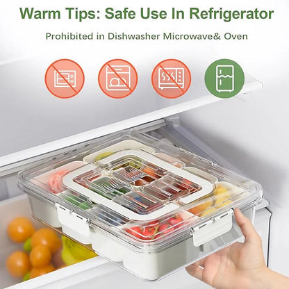 Premium divided snack tray with clear lid, removable compartments, and handle for easy transport and organisation