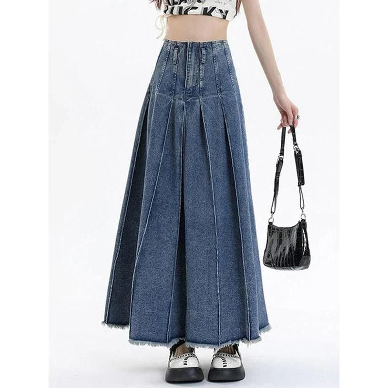 Chic high-waist vintage blue denim A-line skirt with stylish zipper decoration and mid-calf length