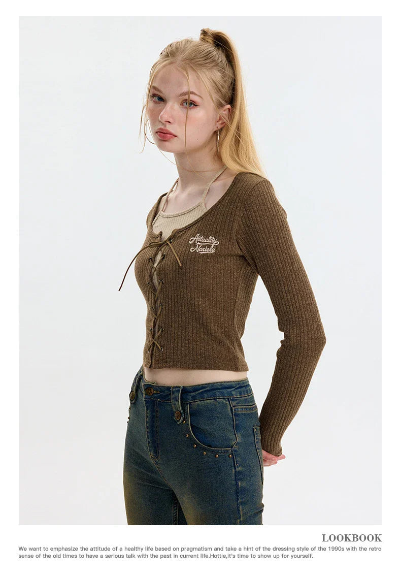 Elegant and cosy embroidered knit cardigan in grey and coffee colours, featuring long sleeves and a slim fit silhouette for stylish British women
