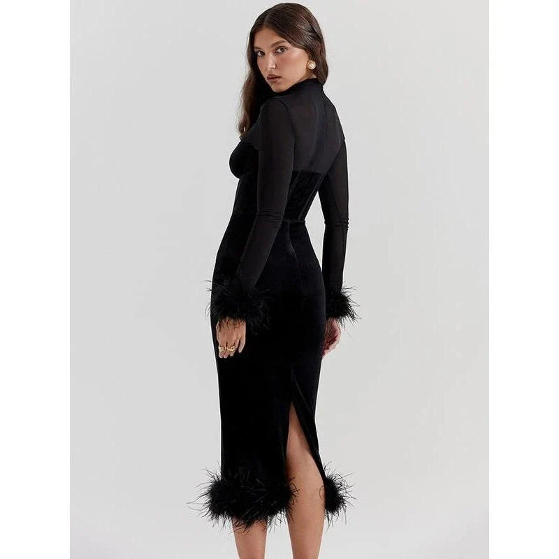 Elegant feather-trimmed backless bodycon midi dress in a shimmering black colour