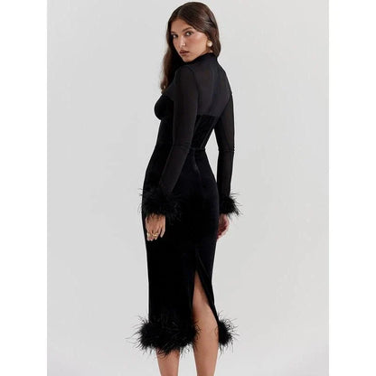 Elegant feather-trimmed backless bodycon midi dress in a shimmering black colour
