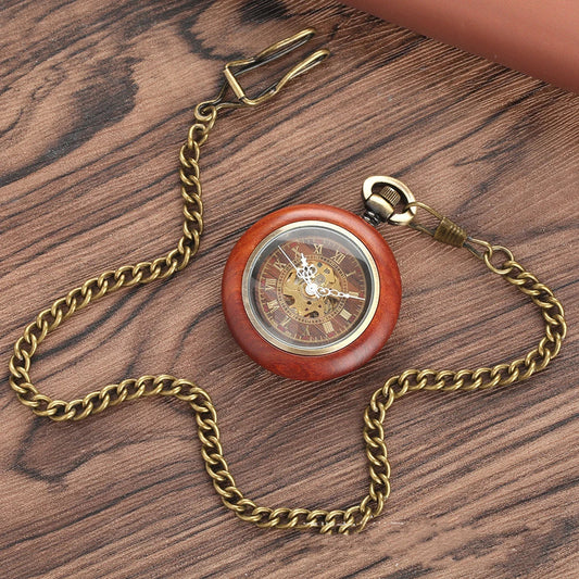 Elegant mahogany textured dial automatic mechanical wooden pocket watch with golden Roman numerals