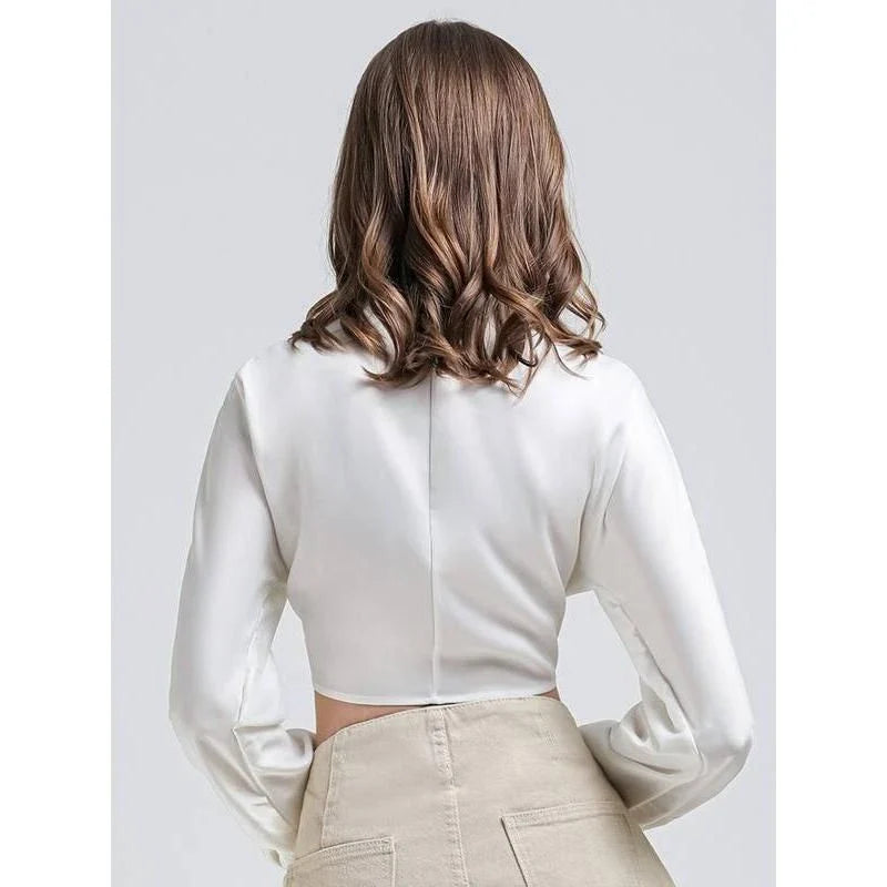 Elegant Vintage V-Neck Long Sleeve Crop Blouse in White - A stylish and comfortable wardrobe essential for the fashion-forward British woman.