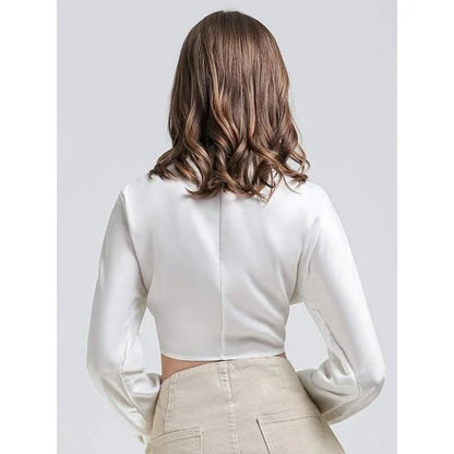 Elegant Vintage V-Neck Long Sleeve Crop Blouse in White - A stylish and comfortable wardrobe essential for the fashion-forward British woman.
