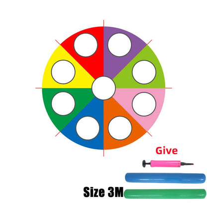 Vibrant rainbow-coloured parachute game for group play, promoting teamwork and skill development