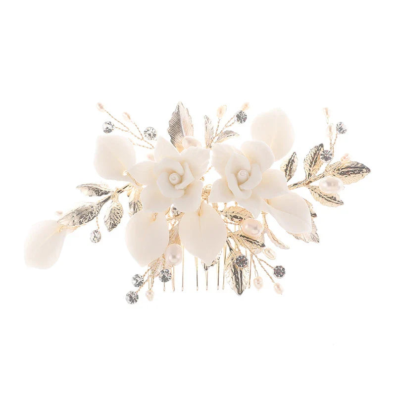 Elegant bridal hair accessories set with flower-shaped comb and gold-tone earrings