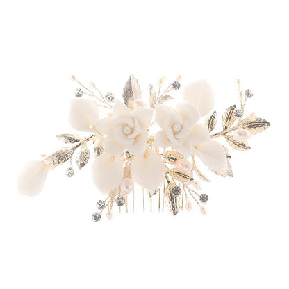 Elegant bridal hair accessories set with flower-shaped comb and gold-tone earrings