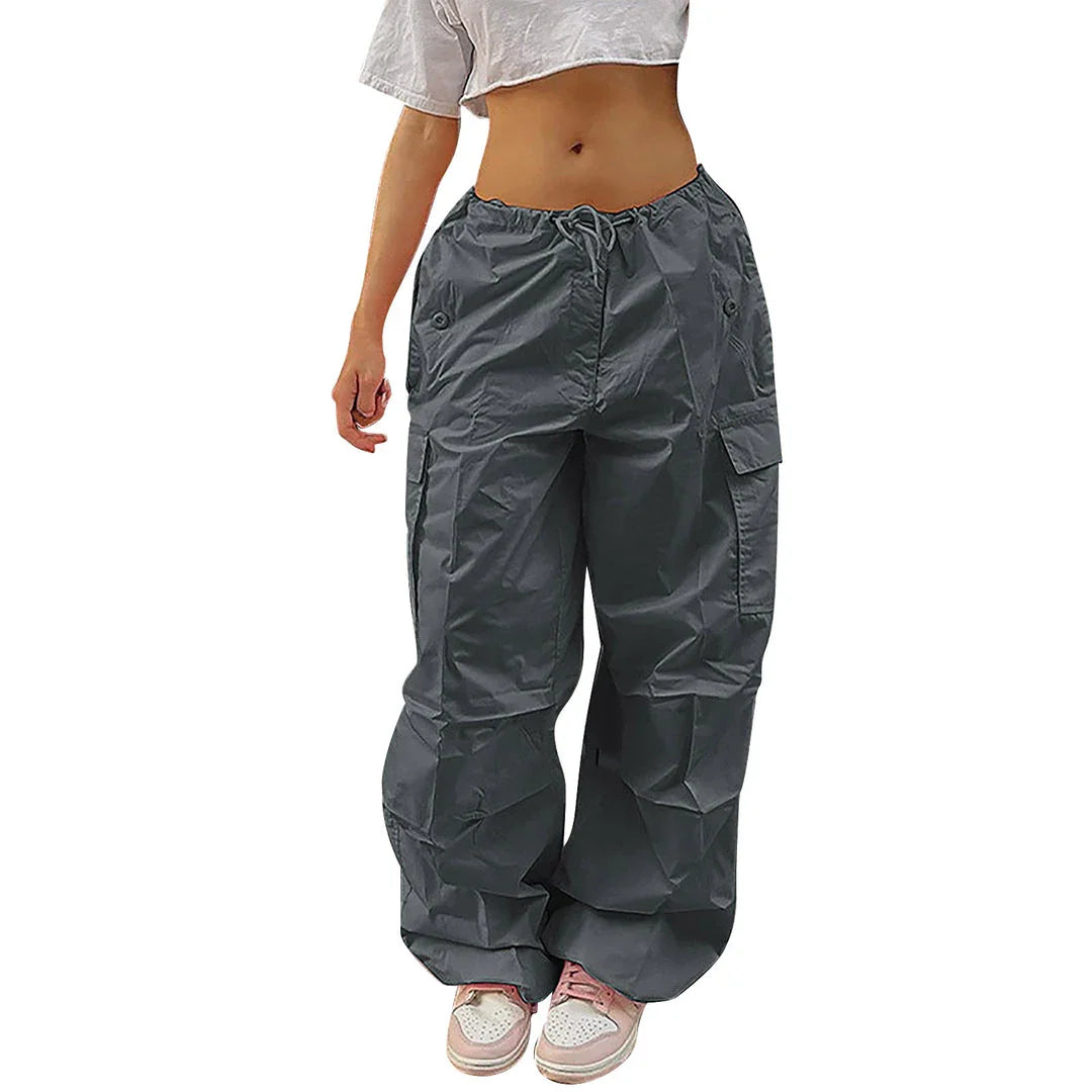 Premium cargo trousers for stylish British women, featuring drawstring waist, pockets, and sleek polyester design