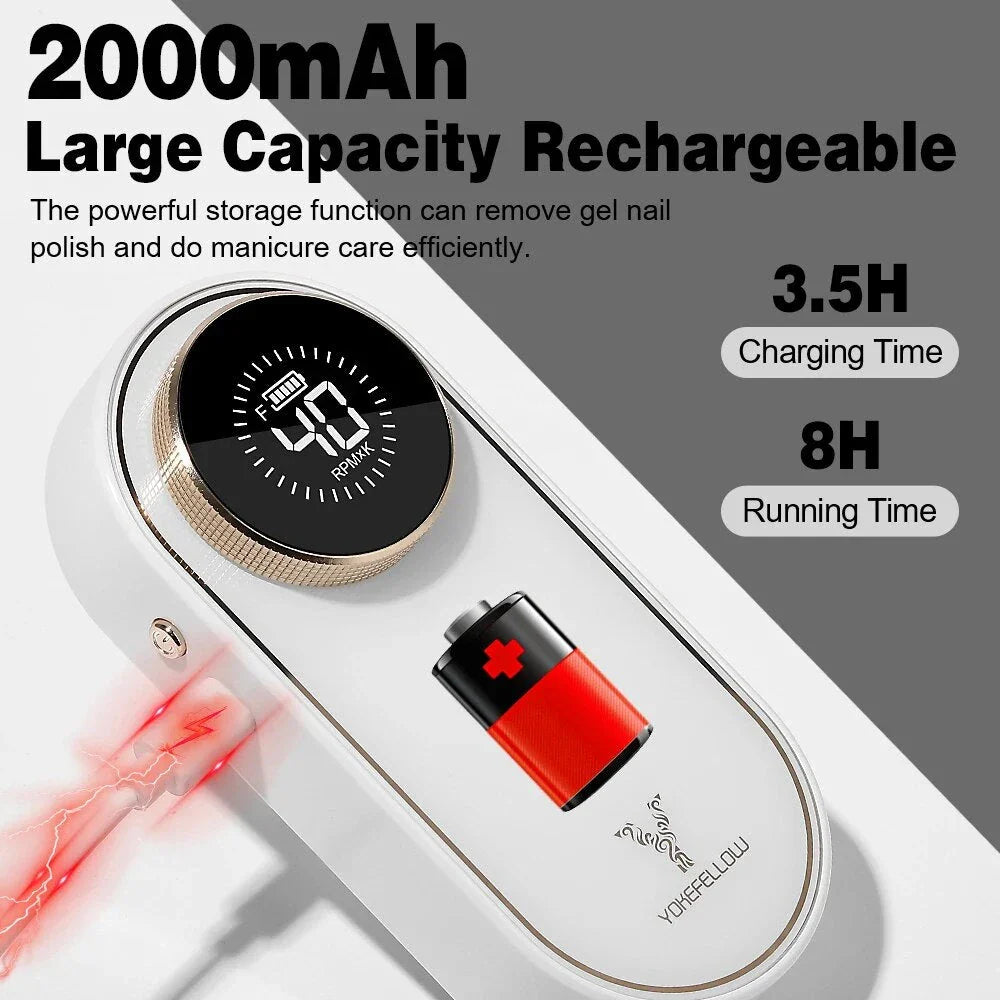 Cordless electric nail drill with 40,000 RPM motor, rechargeable battery, and HD display for professional-quality nail care