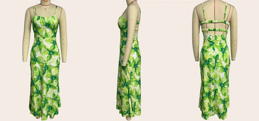 Elegant floral midi dress with backless design, available in yellow, purple, and green colours