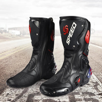 Durable all-weather motorcycle boots with microfiber leather, carbon fibre reinforcements, and shock-absorbing sole for versatile protection and style