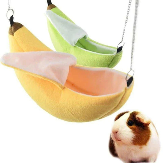 Cosy banana-shaped plush and fleece pet hammock in various vibrant colours for small animals like cats and rabbits