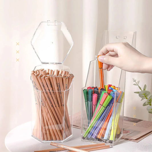 Clear acrylic pen and makeup brush holder with sleek, transparent design for stylish desktop or vanity organisation