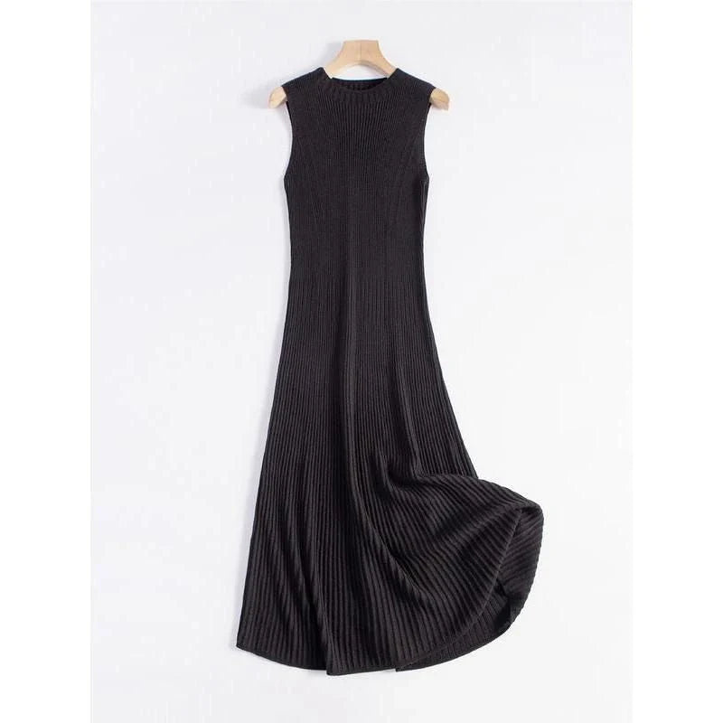 Elegant wool blend sleeveless dress in beige with a flattering fit-and-flare silhouette, perfect for autumn and winter wear