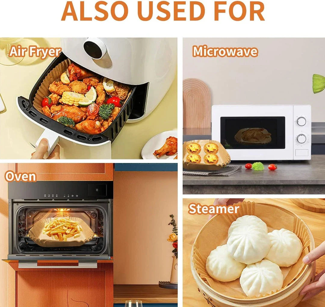 50 disposable air fryer liners made from non-toxic wood paper for easy clean-up and non-stick cooking