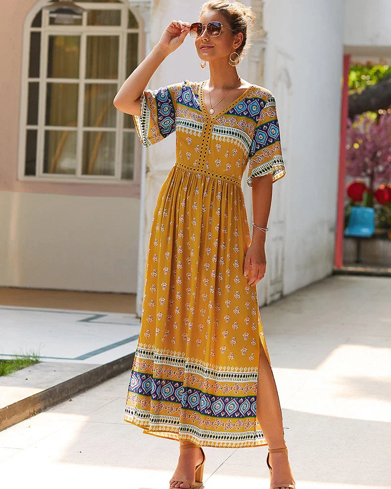 Elegant Bohemian-inspired autumn dress in vibrant yellow, made from premium cotton for a soft and comfortable feel.