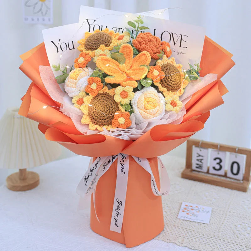 Beautifully crafted knitted bouquet with vibrant sunflowers, featuring a warm LED lighting system for a captivating display