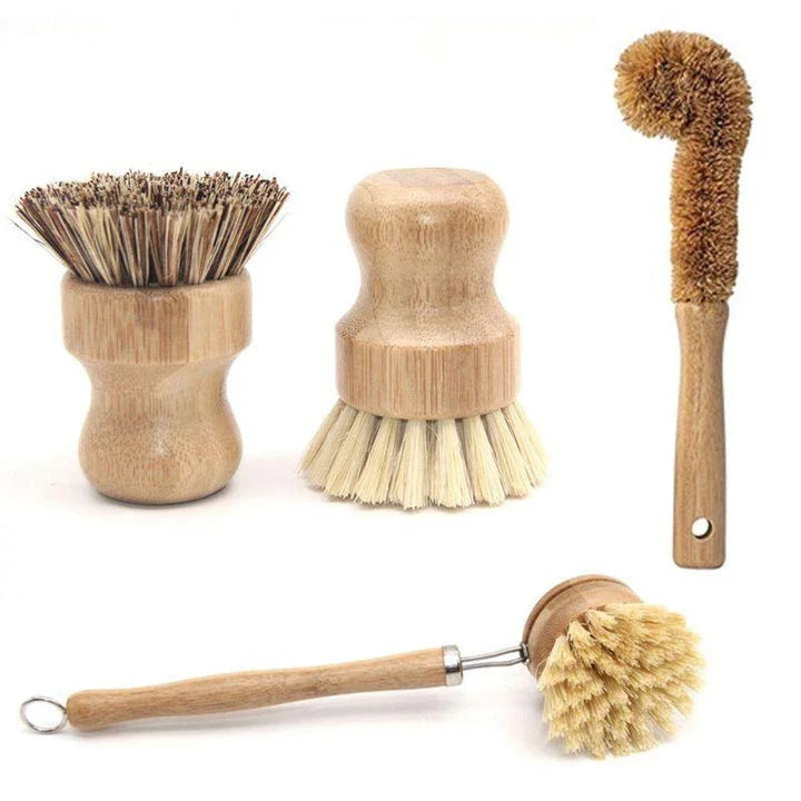 A set of eco-friendly kitchen cleaning brushes with wooden handles and sisal bristles, designed for effective and sustainable cleaning.