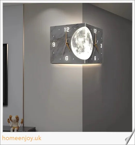 Elegant double-sided corner wall clock with acrylic construction and aluminium hands, providing a modern and minimalist aesthetic for British homes.