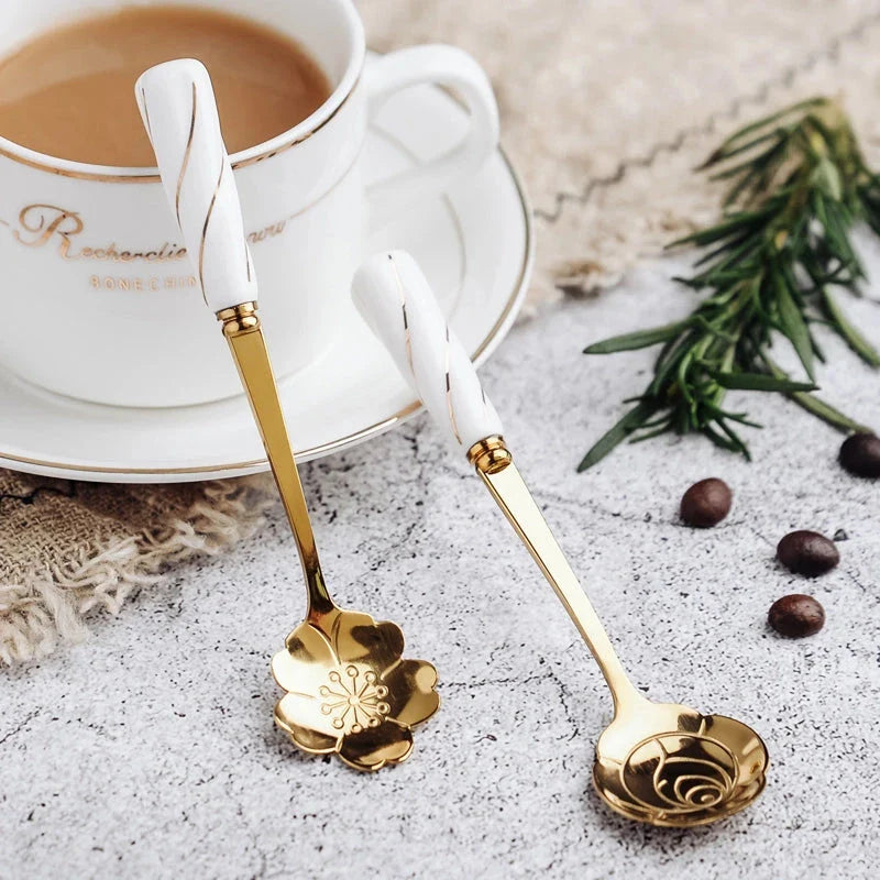 Elegant stainless steel flower teaspoon with ceramic handle in various colours and flower shapes