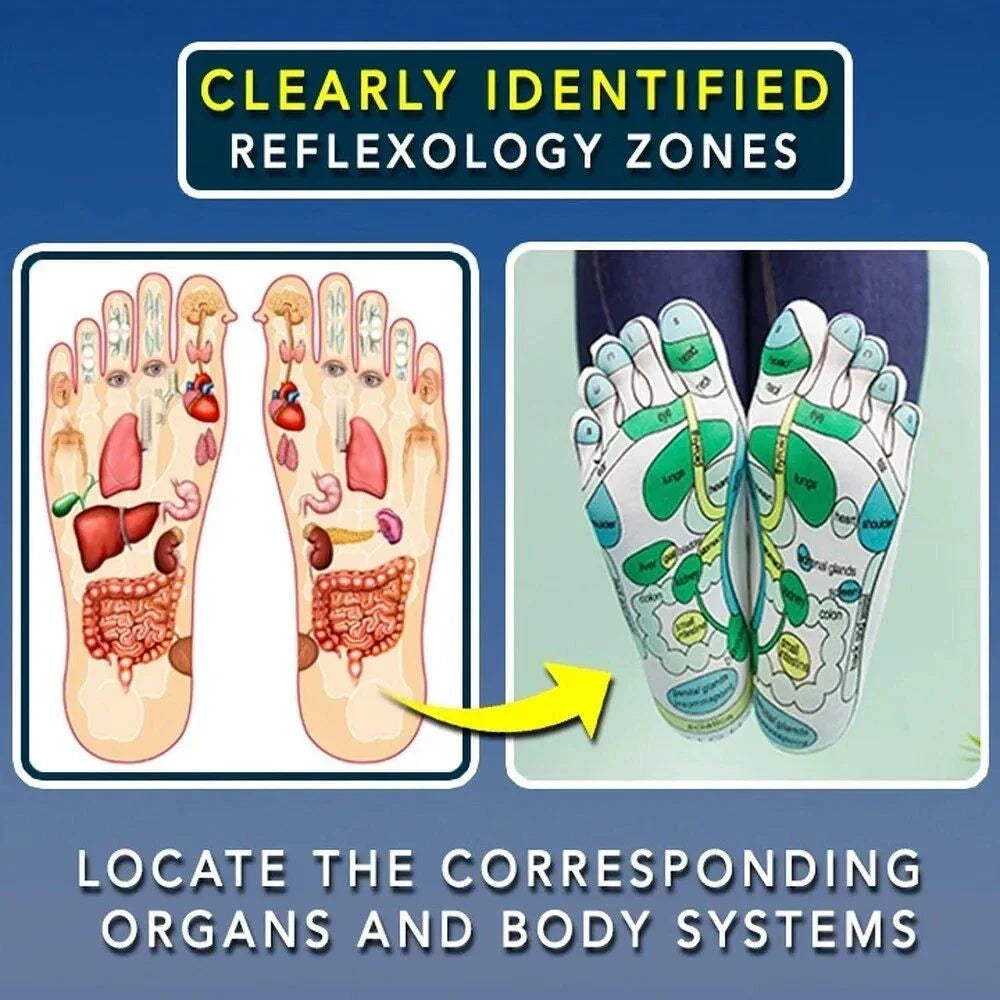 Premium acupressure massage reflexology socks in white with clear English illustrations for targeting pressure points