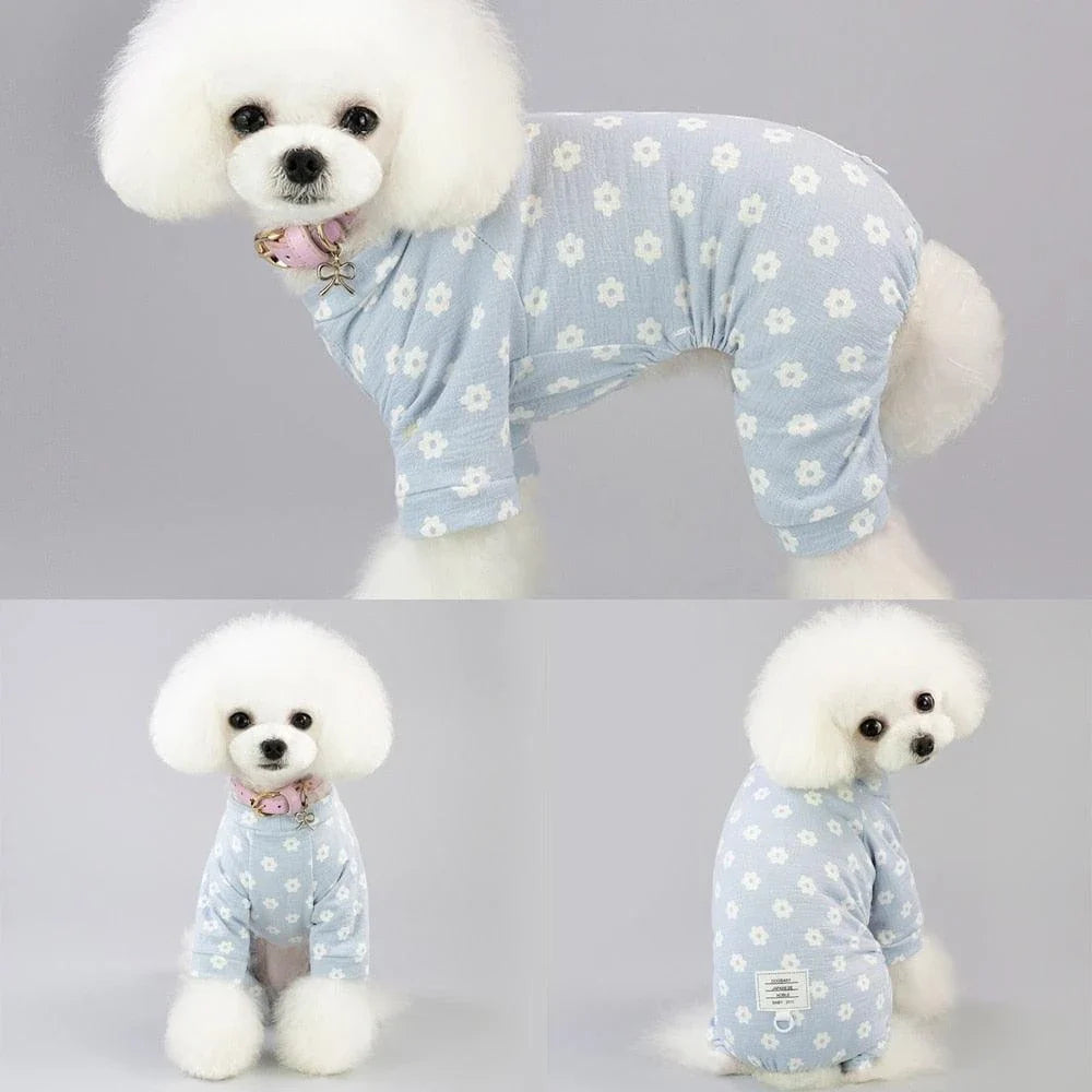 Floral dog jumpsuit in blue and pink colours, made from 100% soft cotton for comfort and style.