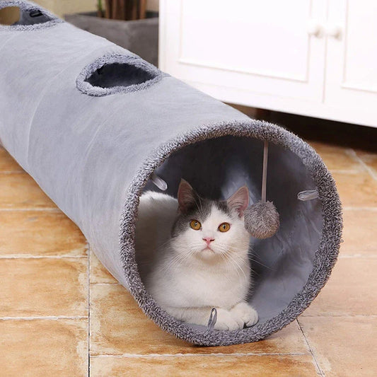 Collapsible cat tunnel made of crinkle suede with a peek hole, designed for cat play and exploration